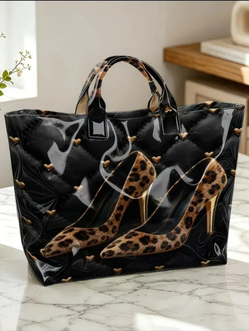 Women Stylish Leopard High Heel PVC Daily Commute Tote Bag